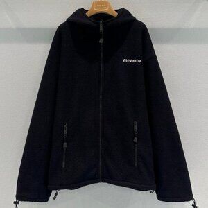 MIUMIU Solid Color Fleece Hooded Zip-Up Sweatshirt, Elastic Hem, Unisex, Navy Bl